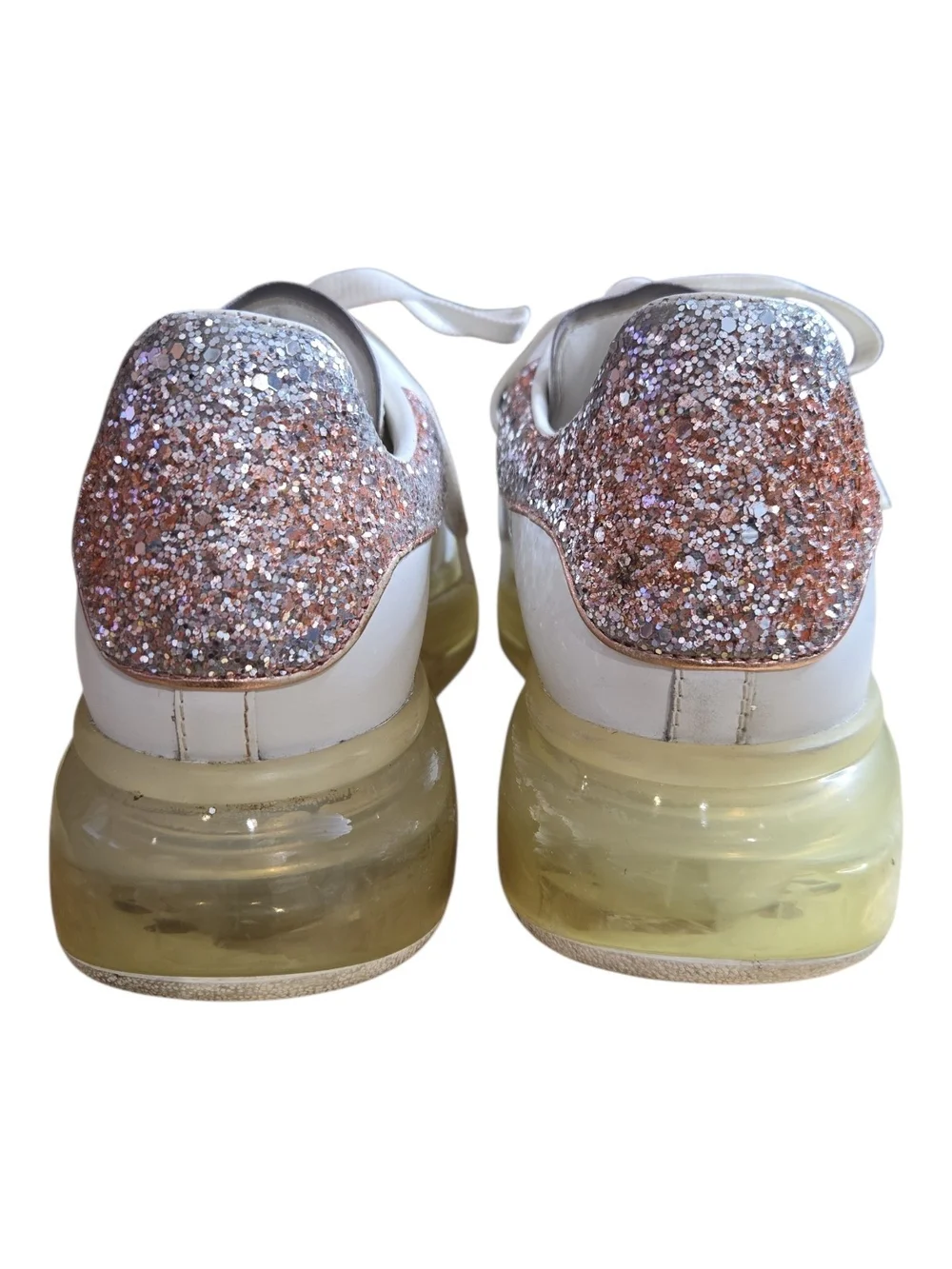 Alexander McQueen Oversized White Leather Glitter Heel Sneakers